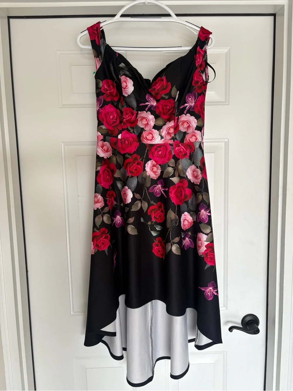 Premier Black High-Low Dress with Red & Pink Rose Print